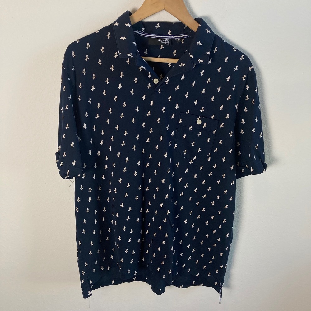 Murano Mens XL Liquid Luxury Navy Blue‎ Mermaid Print Preppy Polo Shirt Pocket